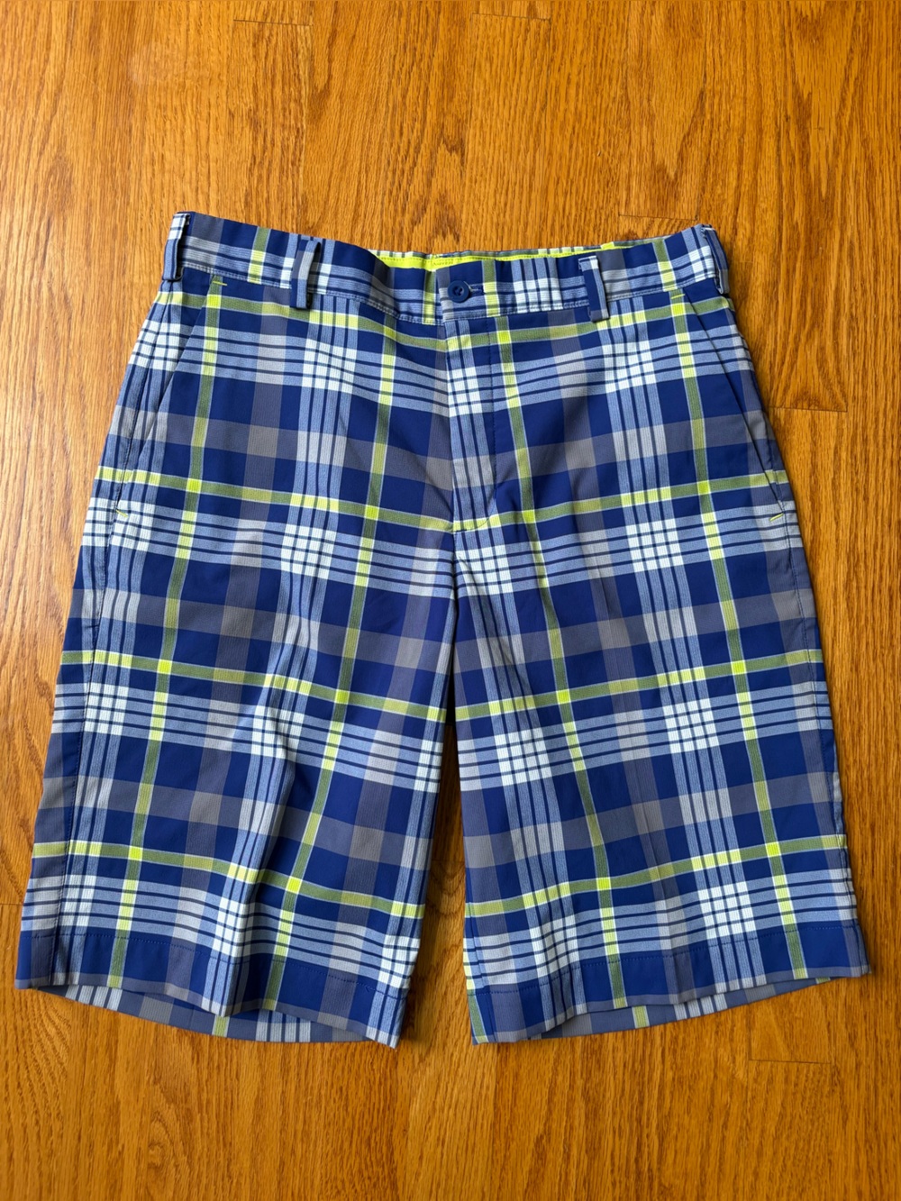 Nike Men's Blue Plaid Flat Front Shorts with Lime Accents